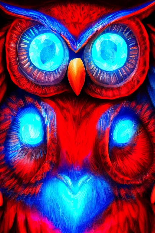 Image similar to glowing owl, blue and red colours, highly detailed, digital art, sharp focus, trending on art station