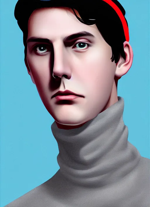 Image similar to portrait of teenage jughead jones wearing a light grey crown, crown, blue turtleneck, 1 9 5 0 s, closed eyes, photorealistic, black hair, glowing lighting, intricate, elegant, glowing lights, highly detailed, digital painting, artstation, concept art, smooth, sharp focus, illustration, art by wlop, mars ravelo and greg rutkowski