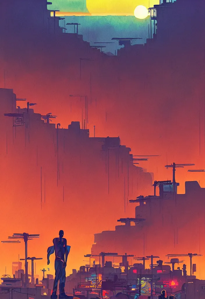 Prompt: Kilian Eng painting of a cyberpunk African favela, hazy sunset with dramatic clouds, line art, ink, watercolor, heavy brushstrokes, asymmetrical, trending on Pinterest, High quality image