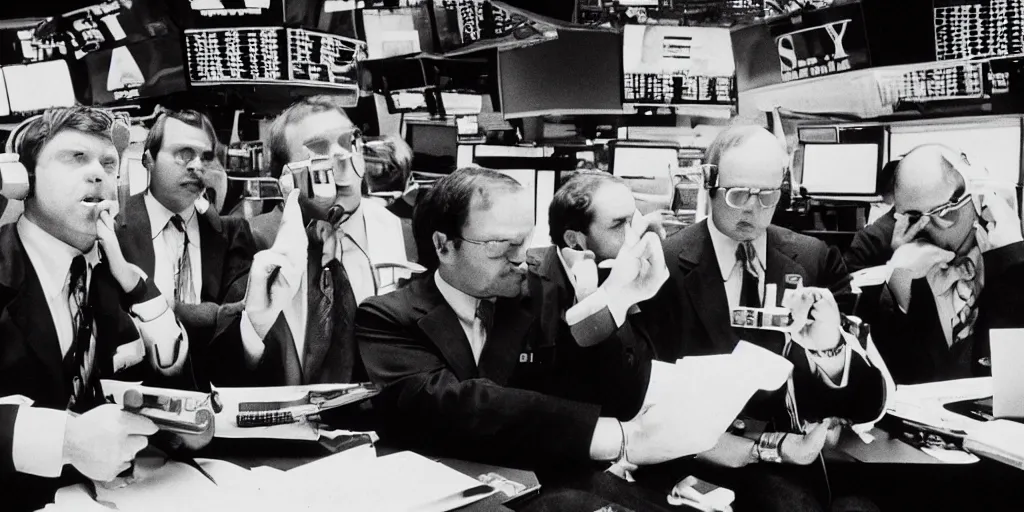 Image similar to film still of a wall street board room, ridley scott, crazy fearful atmosphere, bankers crying, stock market crash symbols on the wall, 1 9 8 0 s science fiction, dark science fiction movie