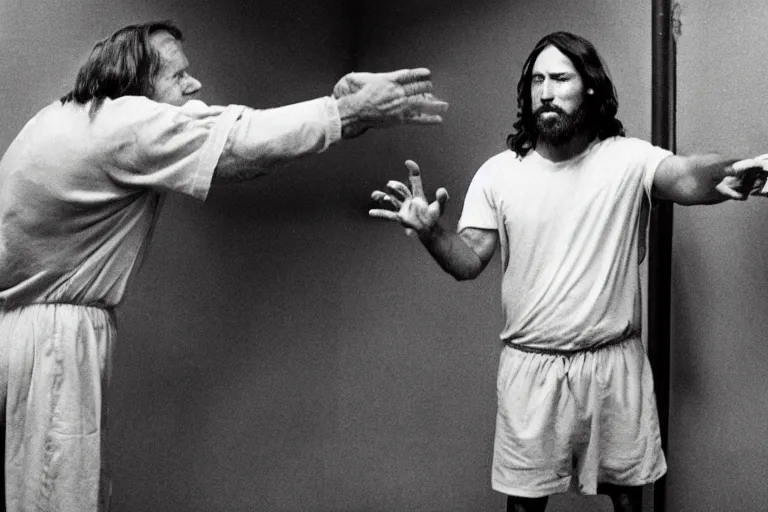 Image similar to jesus christ squaring off against alex jones in prison, full shot, 1 3 5 film photograph