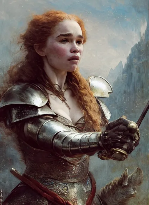 Prompt: short muscular redheaded woman wearing realistic medieval armour, emilia clarke, staring seductively, detailed by gaston bussiere, bayard wu, greg rutkowski, giger, maxim verehin, greg rutkowski, masterpiece, sharp focus, cinematic lightning