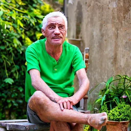 Image similar to mid white hair old man tanned skin with green shirt and white short, sitting in ile de re house garden