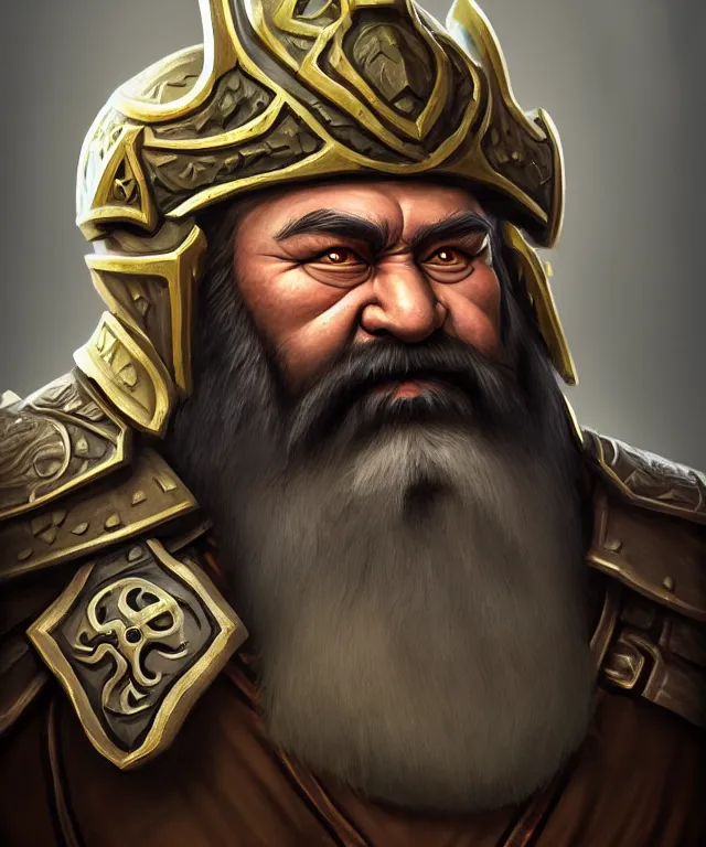 Image similar to 3D stylised render from zbrush of old mongolian dwarven general portrait, armored, face, long hair, moustache, goatee, fantasy, simplified, exaggerated, highly detailed, digital painting, artstation, concept art, smooth, sharp focus, illustration, art by artgerm and greg rutkowski and alphonse mucha, in style of wold of warcraft