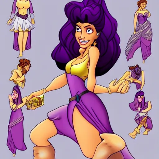 Prompt: human-like megara from the 1997 hercules movie, beautiful features, purple dress, smiling, highly detailed, trending on artstation