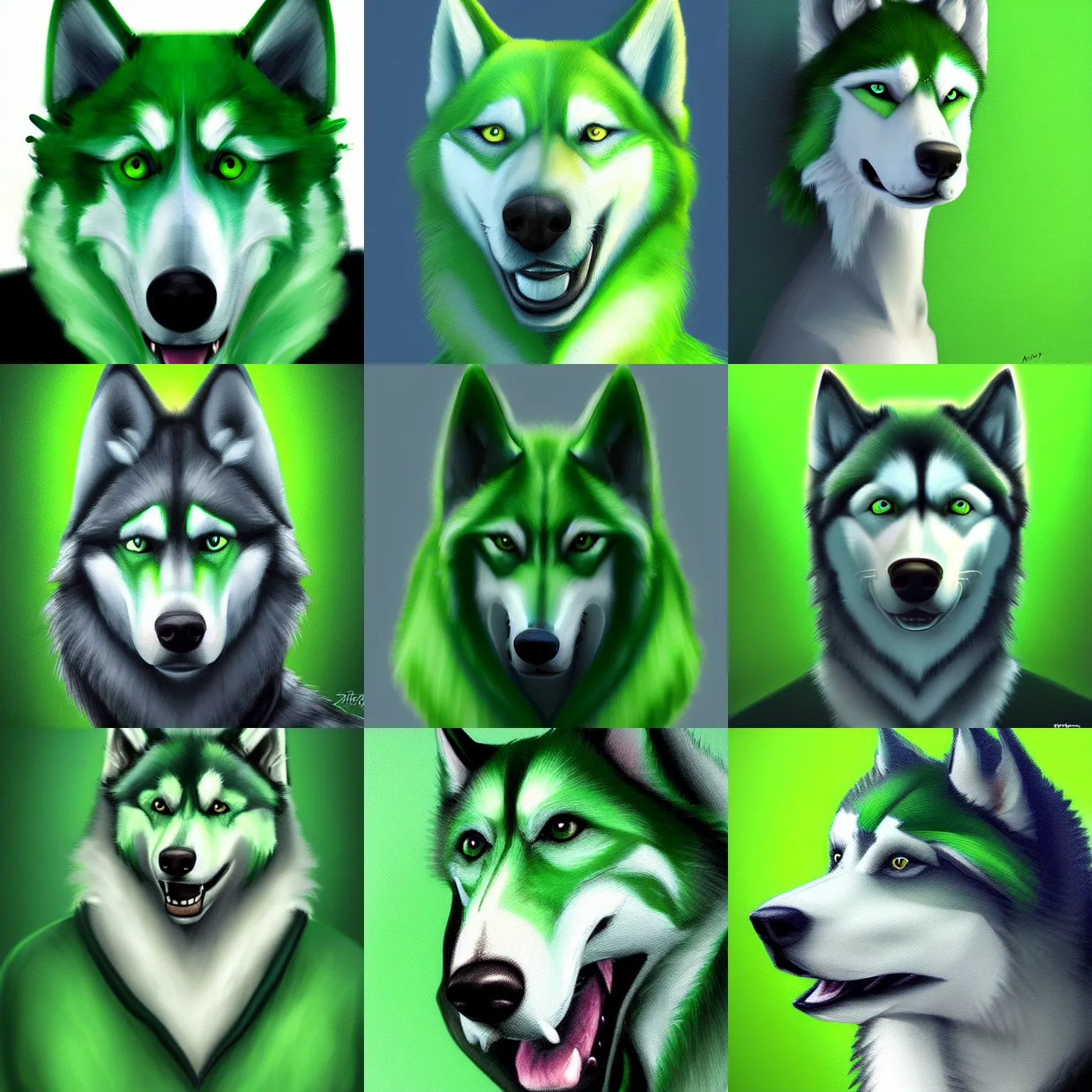 Prompt: anthropomorphic green husky human, artstation, deviantart painting