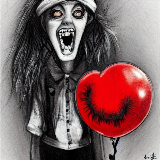 Image similar to surrealism grunge cartoon portrait sketch of billie eilish with a wide smile and a red balloon by - michael karcz, loony toons style, where the wild things are style, horror theme, detailed, elegant, intricate