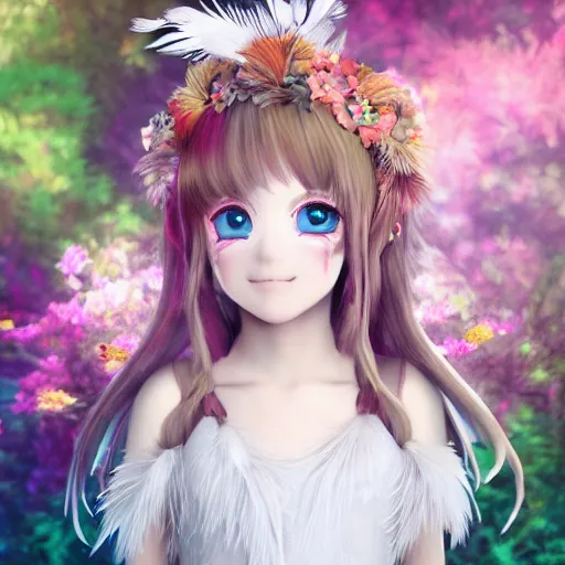Image similar to little girl with flowers in hair wearing an dress made of feathers, anime style, 8 k, cgi, concept art