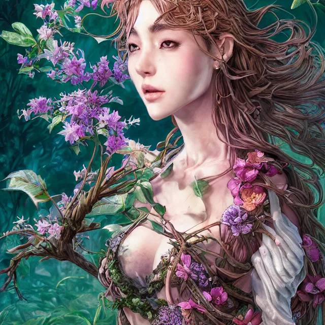 Image similar to the portrait of chaotic good female druid botanist as absurdly beautiful, gorgeous, elegant, young gravure idol, an ultrafine hyperdetailed illustration by kim jung gi, irakli nadar, intricate linework, sharp focus, bright colors, octopath traveler, final fantasy, unreal engine 5 highly rendered, global illumination, radiant light, detailed and intricate environment