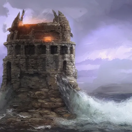 Prompt: ancient stone tower rising from the waves, artstation