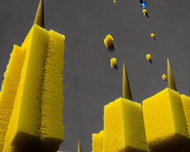 Yellow sponges. Dark metal towers. Soft yellow spikes, Stable Diffusion