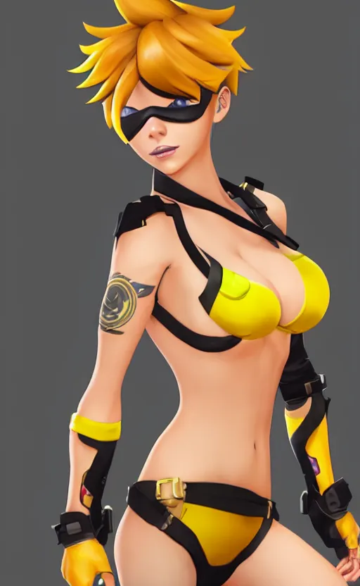 prompthunt: tracer game character, in yellow bikini, blonde hair