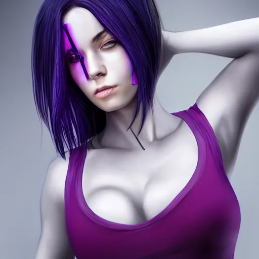 Image similar to photo of a gorgeous caucasian female with long dark purple hair in the style of stefan kostic, tank top, mask, realistic, cyberpunk, body shot, sharp focus, 8 k high definition, insanely detailed, intricate, elegant, art by stanley lau and artgerm, floating embers