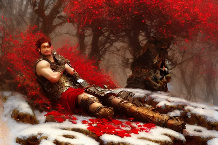 Image similar to winter, a male warrior wearing armor relaxing under a world tree with red flowers, ground covered with snow, extreme long shot, fantasy, painting by gaston bussiere, craig mullins, j. c. leyendecker, trending on artstation