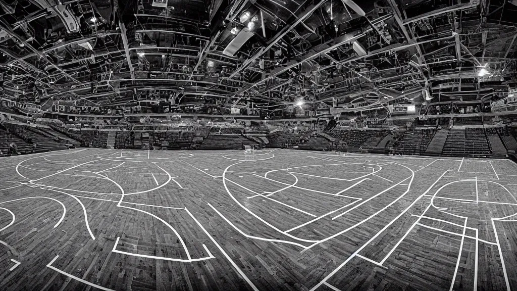 Prompt: a photograph the basketball court at the united center, in the styles of cameron look, andrew bernstein, and ansel adams. intricate, hyperrealistic, monochrome hdr, accurate court