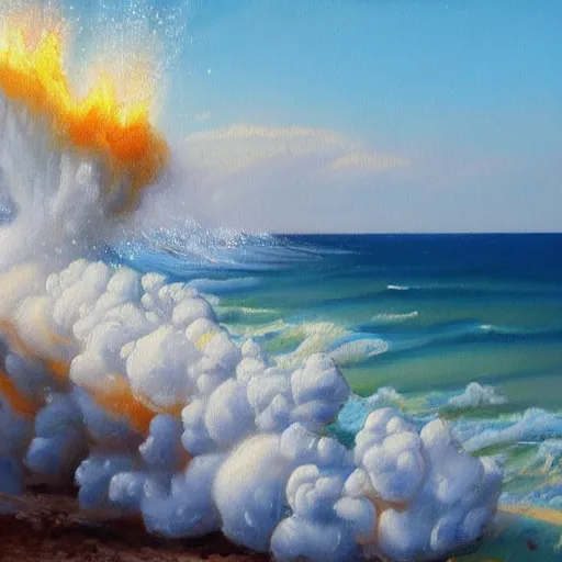Image similar to cotton exploding crimea beach hi detailed oil painting