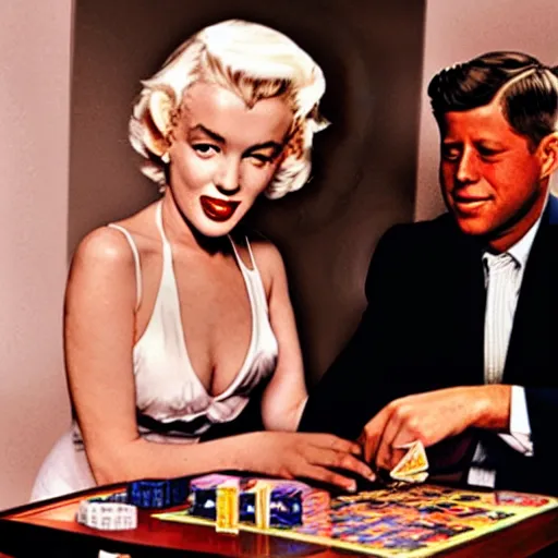 Image similar to marilyn monroe and jfk playing yu - gi - oh with dual disks