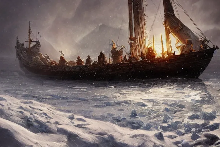 Image similar to viking longship in the arctic ocean, intricate, blizzard, highly detailed, digital painting, concept art, sharp focus, illustration, cold, art by artgerm and greg rutkowski and alphonse mucha