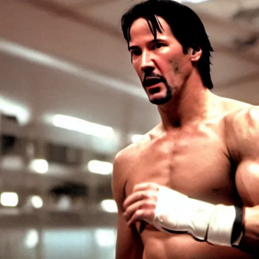 Prompt: a movie still of keanu reeves in rocky 4,