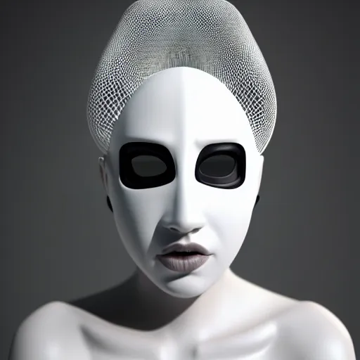 Image similar to complex 3 d render, ultra detailed, beautiful natural light, studio lights, rim light, a woman wearing a white mask with black wires on her head, featured on behance, net art, made of wire, 5 0 mm lens, elegant, hyper realistic, ultra detailed, octane render, volumetric lighting, 8 k post - production