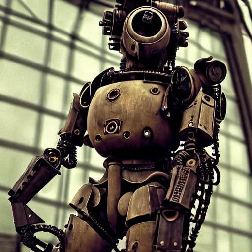 Prompt: real steampunk mech suit with cyberpunk background, photography by annie leibovitz