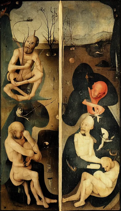 Image similar to two men who are secretly in love seperated by a deity, on one side is light on the other is darkness in the style of hieronymus bosch