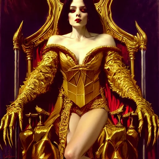 Image similar to full body portrait of beautiful vampire queen in gold gothic robes sitting on a throne of bones, elegant, highly detailed painting by gaston bussiere, craig mullins, j. c. leyendecker, 8 k, mid shot