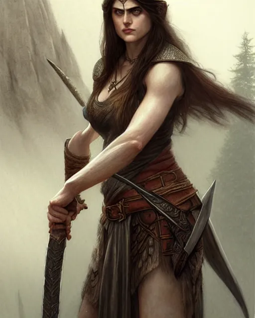 Prompt: alexandra daddario as a female elvish barbarian | | pencil sketch, realistic shaded, fine details, realistic shaded lighting poster by greg rutkowski, magali villeneuve, artgerm, jeremy lipkin and michael garmash and rob rey