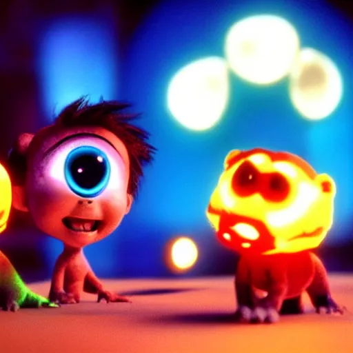 Image similar to cute smiling pixar and chibi style electric blue scaled glowing baby dinosaurs in tron movie, cinestill