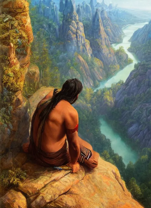 Prompt: an indigenous man sitting at the top of a cliff, looking down at the valley, doing a vision quest, fantasy art, matte painting