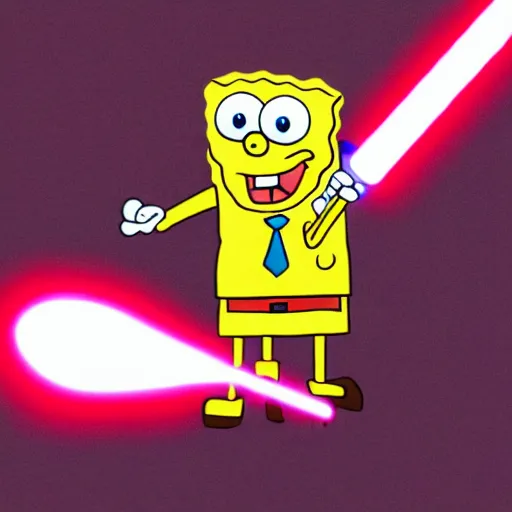 Prompt: spongebob holding a red light saber