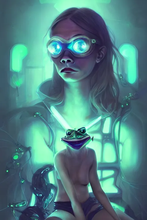 Prompt: a portrait of cara delevingne as frog, cyberpunk, fantasy, neon lights, sharp focus, intricate, elegant, digital painting, artstation, matte, highly detailed, concept art, illustration, ambient lighting, art by ruan jia and artgerm and range murata and wlop and ross tran and william, adolphe bouguereau and beeple