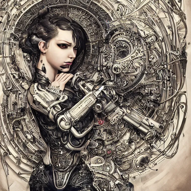 Image similar to ultra realistic illustration of a retro futuristic female cyborg punk art nouveau filgree scrollwork, masterpiece, intricate, highly detailed, sharp