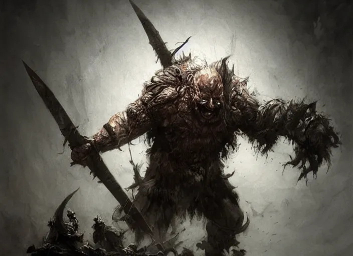 Image similar to feral chieftain concept, beksinski, ruan jia, the hobbit orc concept, dark soul concept