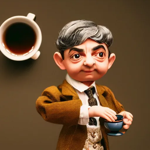 Prompt: A beautiful atmospheric photo of a beautiful Bjd doll of rowan atkinson as mr bean, wearing cute victorian costume, fantasy tea cup, intricate details, sharp focus, symmetrical composition, octane render, 8k, volumetric lighting