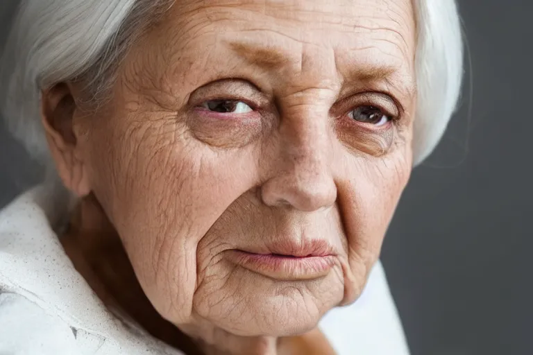 Image similar to a realistic cinematic headshot portrait of an old woman, wearing futuristic white suit in a skyscaper office, 4 k, ultra realistic, dramatic lighting, rain, clouds, fog, vogue, fashion, magazine spread, by annie leibovitz