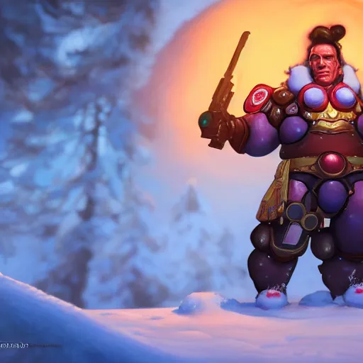 Image similar to a screenshot of arnold schwarzenegger as mei in the snow shooting frost gun in overwatch, portrait, fantasy, beautiful face, vivid colors, elegant, concept art, sharp focus, digital art, hyper - realistic, 4 k, unreal engine, highly detailed, hd, dramatic lighting by brom, trending on artstation