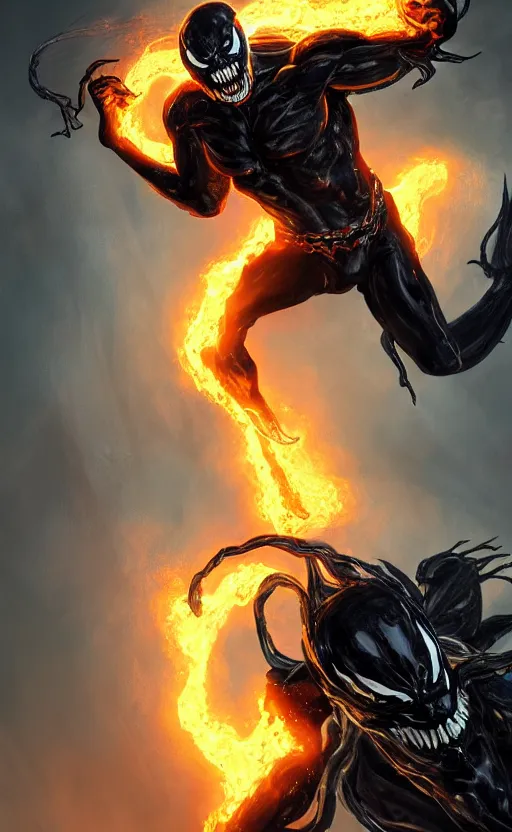 Image similar to venom as ghost rider, dynamic lighting, photorealistic fantasy concept art, trending on art station, stunning visuals, terrifying, creative, cinematic