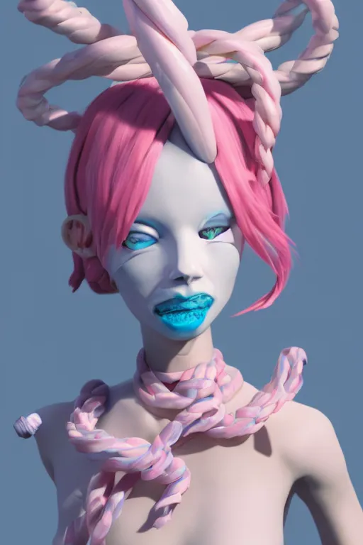 Image similar to an epic non - binary model, subject made of white mesh rope, with cerulean and pastel pink bubbles bursting out, delicate, beautiful, intricate, melting into sylveon, houdini sidefx, by jeremy mann and ilya kuvshinov, jamie hewlett and ayami kojima, trending on artstation, bold 3 d