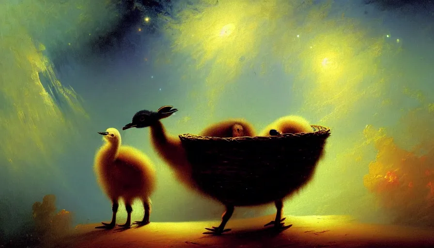 Image similar to highly detailed painting of cute baby emus cuddling up in a basket by ivan aivazovsky, by william turner, by joe fenton, thick brush strokes and visible paint layers, 4 k resolution, outer space nebula background