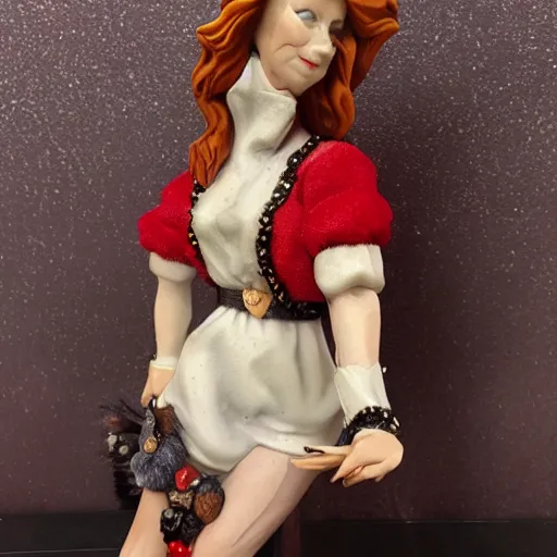 Image similar to New Margaret Le Van Alley Cats fashion statuette, wearing festive clothing, full body render, museum quality photo