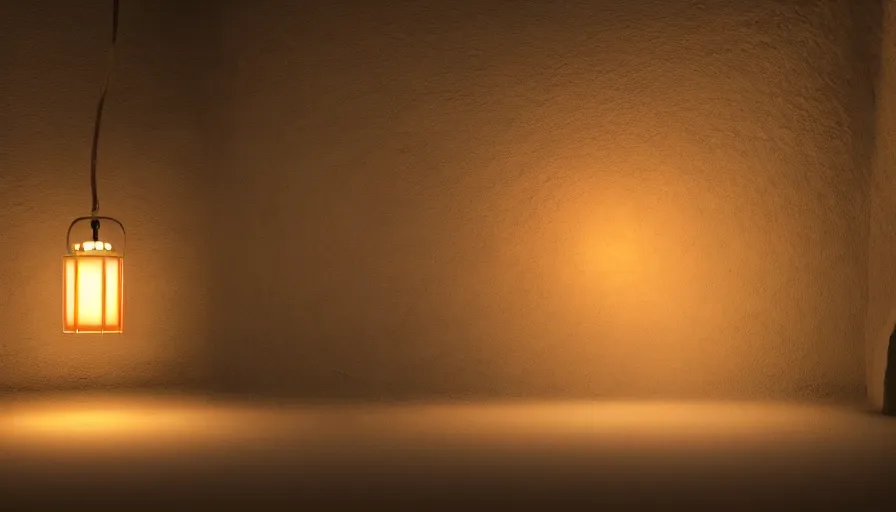 Image similar to japanese lamp inside a cave made of chalk, photorealistic rendering, atmospheric light, octane, redshift