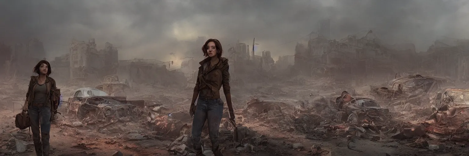 Image similar to fallout 5, backpacking female protagonist in a ruined city environment, rusted vintage cars and trucks, mysterious atmospheric lighting, matte painting, intricate, iridescent, volumetric lighting, beautiful, rich deep colours masterpiece, fog, golden hour, sharp focus, ultra detailed, by leesha hannigan, ross tran, thierry doizon, kai carpenter, ignacio fernandez rios