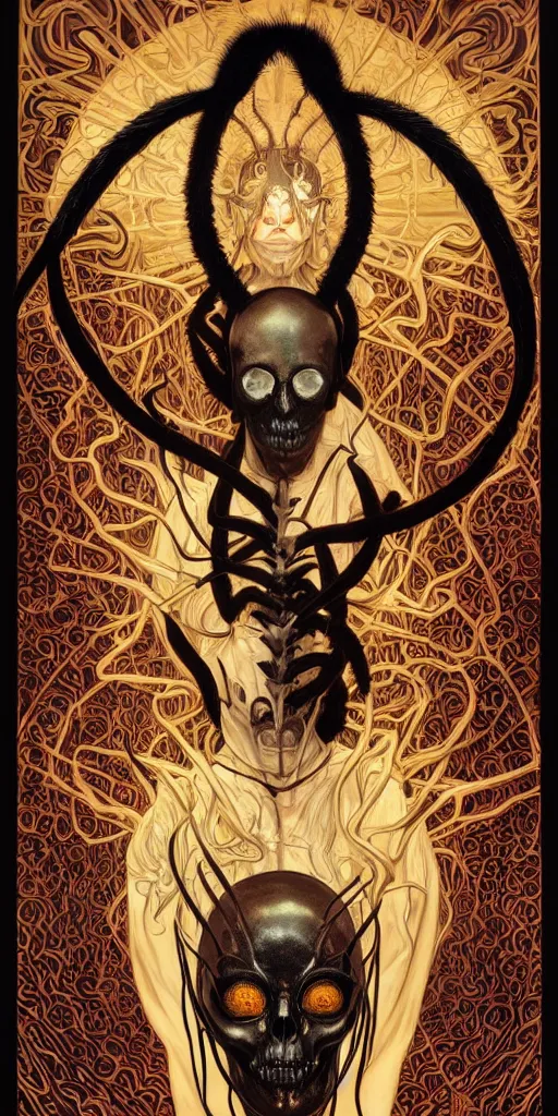 Image similar to intense glowing black metal pagan god with horns and spider eyes and spider legs with a skull in very dark void by josan gonzales and moebius and alphonse mucha, portrait, studio muti, malika favre, rhads, makoto