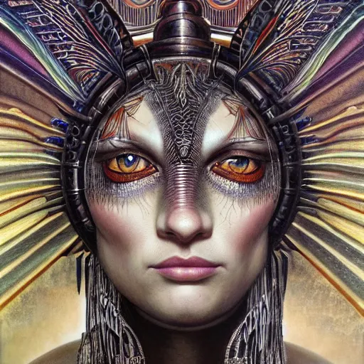 Image similar to beautiful closeup portrait of an art deco shaman, glowing eyes. reflective detailed textures, moth wings, highly detailed dark fantasy science fiction painting by tom bagshaw and michael whelan and diego rivera and annie swynnerton and jean delville, elaborate geometric ornament, ancient runes, silver and cool colors. artstation