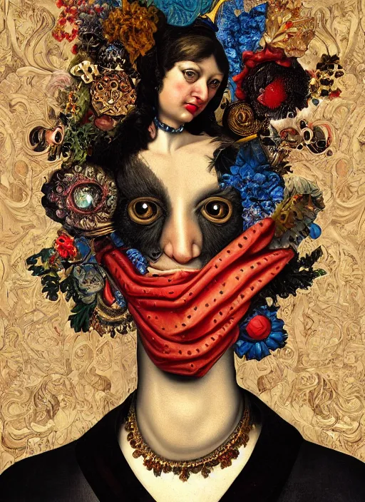 Prompt: detailed maximalist profile portrait a with large lips and eyes, exasperated expression, hd mixed media, 3 d collage, highly detailed and intricate, surreal illustration in the style of caravaggio, and todd schorr, dark art, baroque