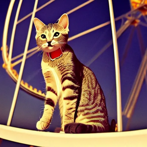 Image similar to !!! cat!!!, ferris wheel, feline, sitting, riding, funny, award winning photo, realistic,