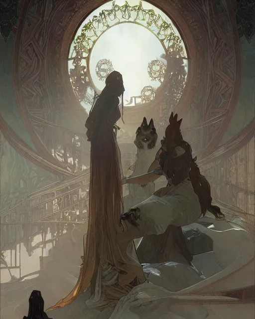 Image similar to inside the king's hall wolves and their treasures, ethereal, ominous, misty, 8 k, by alphonse mucha and greg rutkowski