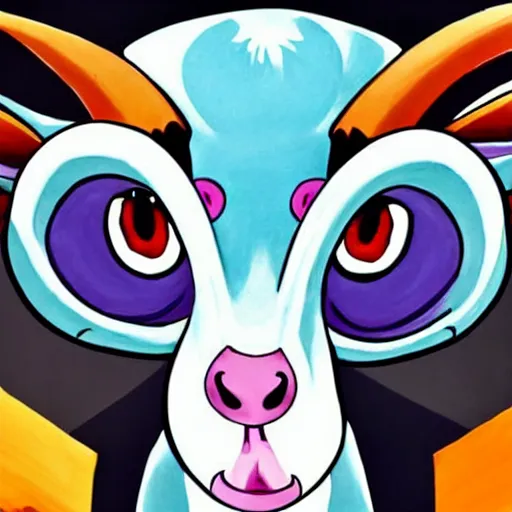 Prompt: caricature hypnotic crazy goat with huge enormous crazy cartoony eyes, in the style of pixar characters