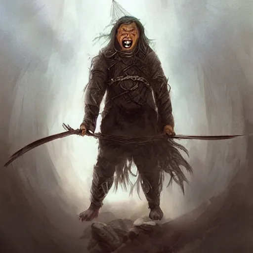 Image similar to crazy asian man as the caracter of lord of the ring by artgrem, greg rutkowski